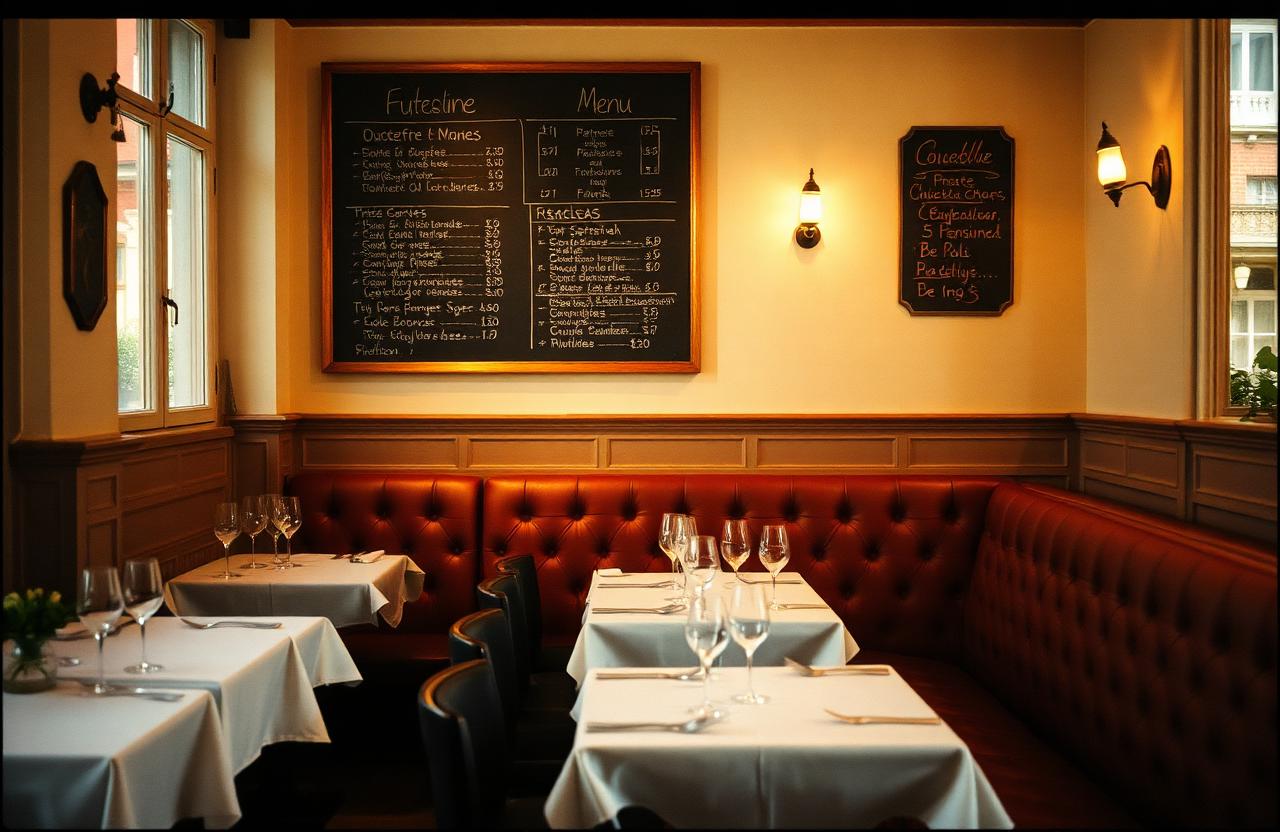 Salle de bistrot parisien, banquettes en moleskine et nappes blanches