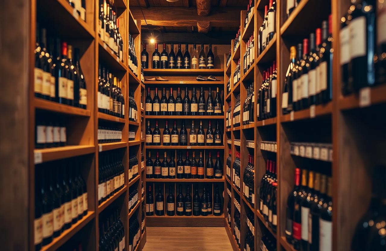 Cave à vin parisienne indépendante, étagères en bois remplies de bouteilles